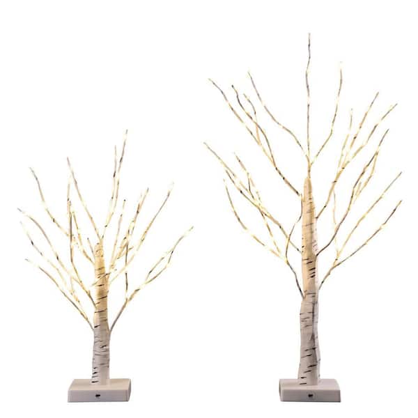 18 in. + 24 in. Birch Tree Bonsai with 147 Mini LED Lights Artificial White Birch Tree, Battery