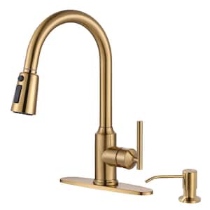 Single Handle Pull Down Sprayer Kitchen Faucet in Gold, Stainless Steel Kitchen Faucet with Soap Dispenser