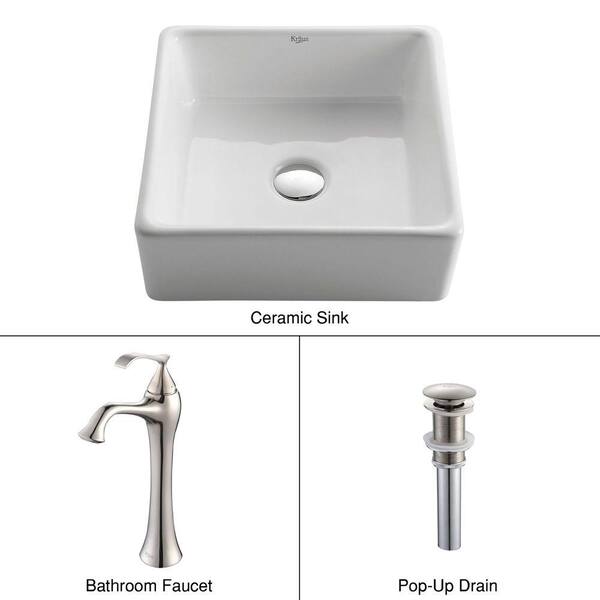 KRAUS Square Ceramic Vessel Sink in White with Ventus Faucet in Brushed Nickel