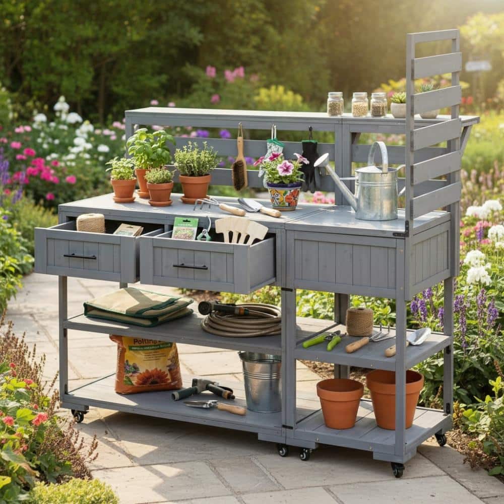 62.3 in. W x 28.6 in. D Gray Outdoor Wood Potting Bench, Kitchen Island with Stainless Table Top price history on PriceWatchPro