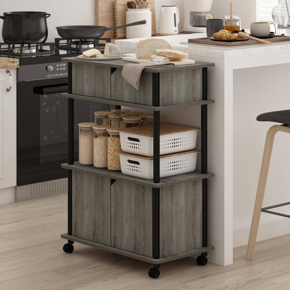 French Oak Grey and Black Kitchen Cart with Storage