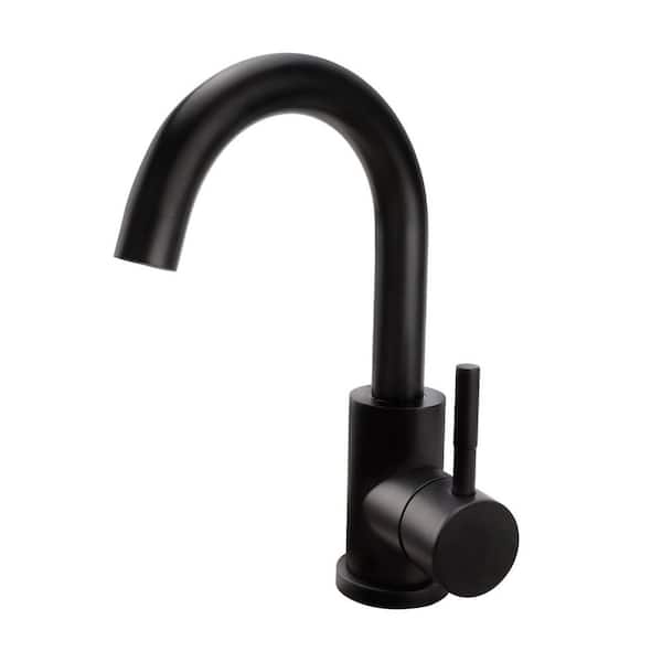 Single Handle High Arc Spout Single Hole Bathroom Faucet with Pop-Up Drain Assembly and Deck Plate in Matte Black