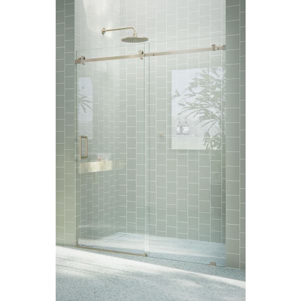 Astro 64 in. W x 78 in. H Sliding Frameless Shower Door with Square Hardware in Brushed Bronze with Clear Glass