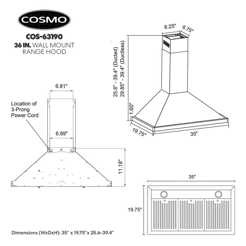 36-Inch Stainless Steel Wall Mount Convertible Range Hood
