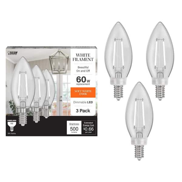 60-Watt Equivalent B10 E12 Candelabra Dim White Filament Clear Glass Chandelier LED Light Bulb Soft White 2700K (3-Pack)