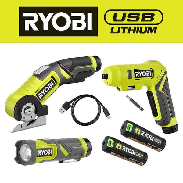RYOBI USB Lithium 3-Tool Combo Kit with Flashlight, Screwdriver, Power Cutter, (2) 2 Ah Batteries, and Charging Cord