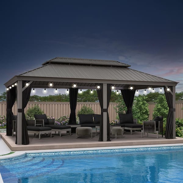 PURPLE LEAF 12 ft.x 20 ft.Light Gray Patio Outdoor Gazebo for Backyard Hardtop Aluminum Frame, Hooks, Curtain, Netting and 24-Lights