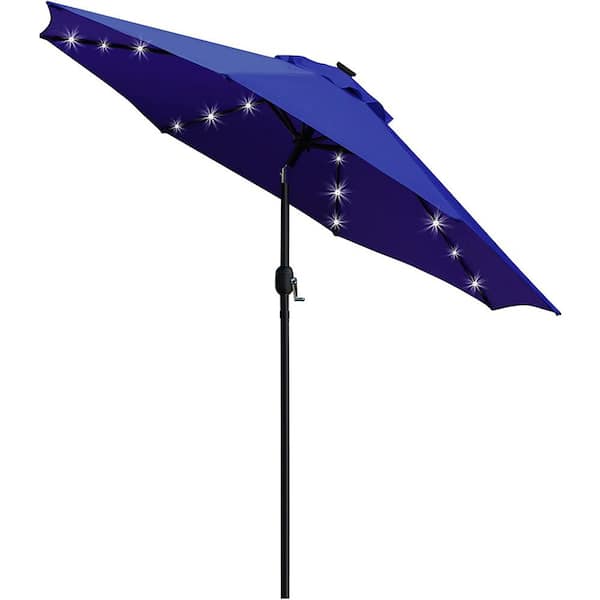 Dyiom 9 ft. Solar LED Lighted Patio Umbrella with 8 Ribs/Tilt Adjustment and Crank Lift System in Navy Blue, Beach Word