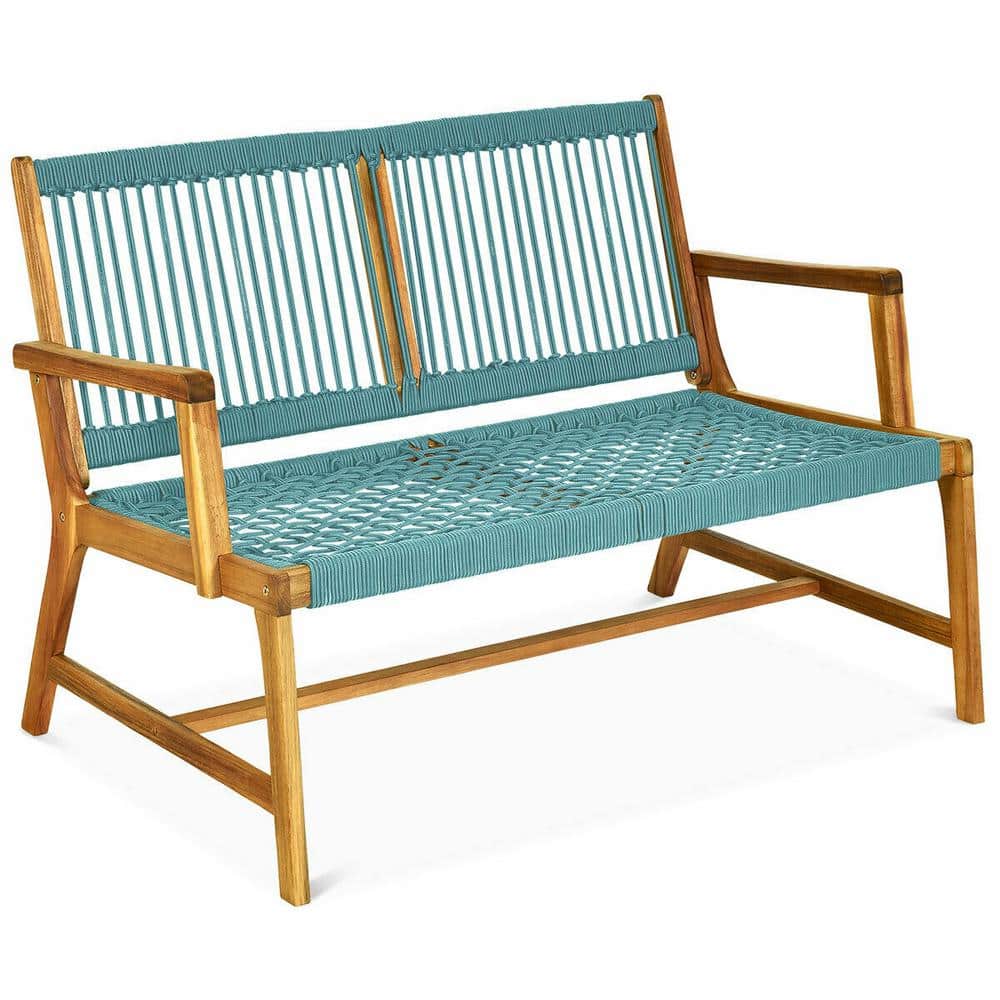 2-Person Turquoise Wood Patio Acacia Yard Outdoor Bench