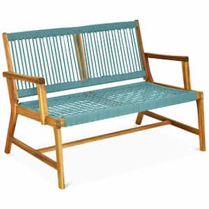 2-Person Turquoise Wood Patio Acacia Yard Outdoor Bench