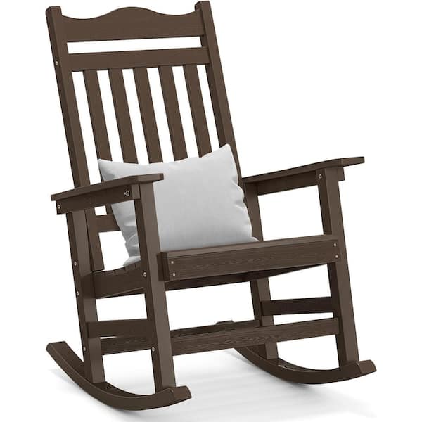DEXTRUS Brown Plastic Wood Patio Outdoor Rocking Chair with Grey Cushions