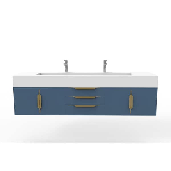 castellousa Nile 72 in. W x 19 in. D x 20 in. H Single Bath Vanity in Matte Blue with Gold Trim and White Solid Surface Top