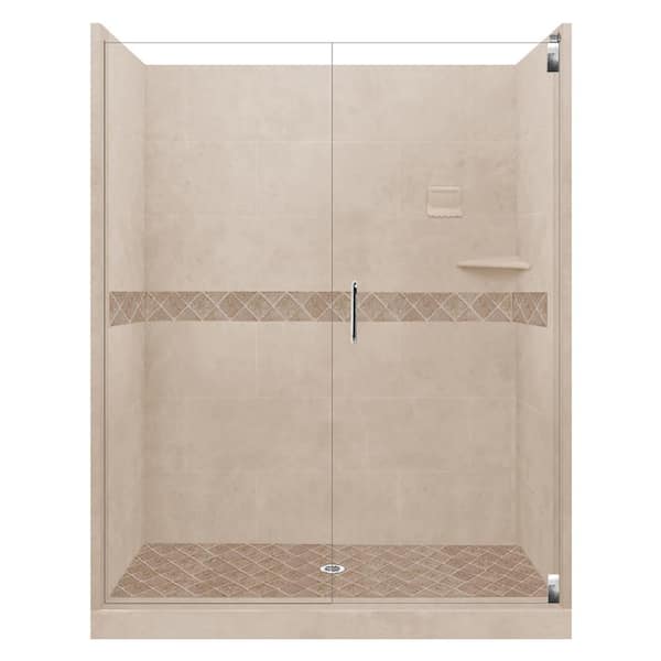 American Bath Factory Espresso Diamond Hinged 32 in. x 60 in. x 80 in. Center Drain Alcove Shower Kit in Brown Sugar and Chrome Hardware
