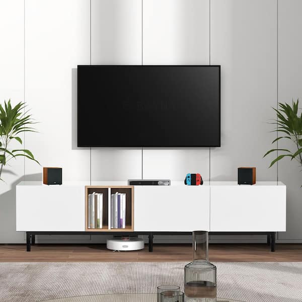76.80 in. White TV Stand Fits TVs up to 80 in. Entertainment Center with Open Shelving and Large Storage Cabinet