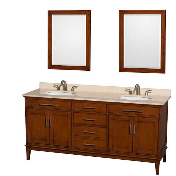 Wyndham Collection Hatton 72 in. Double Vanity in Light Chestnut with Marble Vanity Top in Ivory, Sink with and 24 in. Mirrors