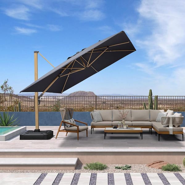 PURPLE LEAF 12 ft. Square Outdoor Patio Cantilever Umbrella Teak Finished Offset 360° Rotation Umbrella in Gray
