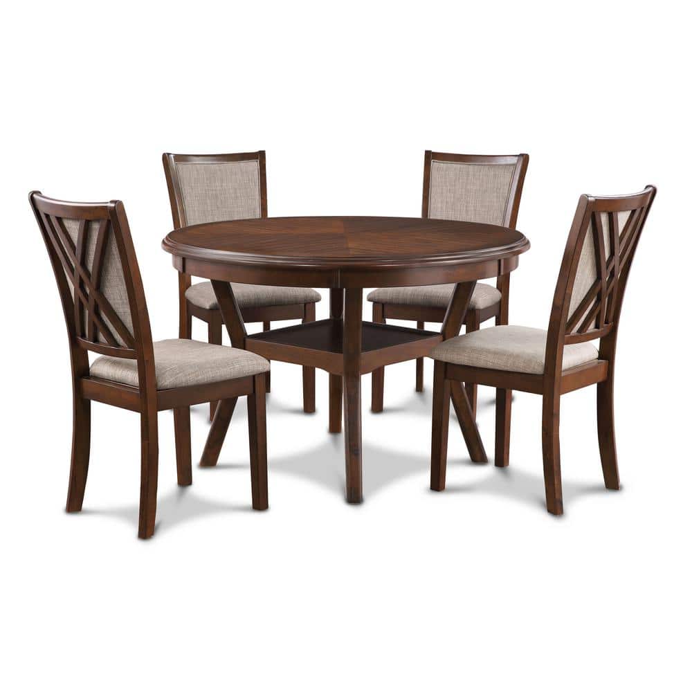 Cherry Wood Round Dining Table Set with Gray Upholstered Chairs