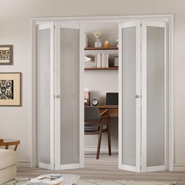 72 in. x 80 in. 1-Lite Tempered Frosted Glass Solid Core White Finished MDF Interior Closet Bi-Fold Door with Hardware
