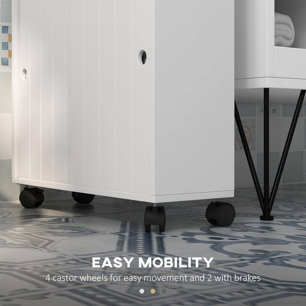 White Slim Bathroom Cabinet with Adjustable Shelving and Wheels