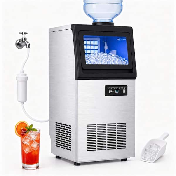 13.78 in. 110 lb. Full Size Cube Commercial Freestanding Ice Maker in Stainless Steel with 30 lb. Bin, Dual Water Inlet