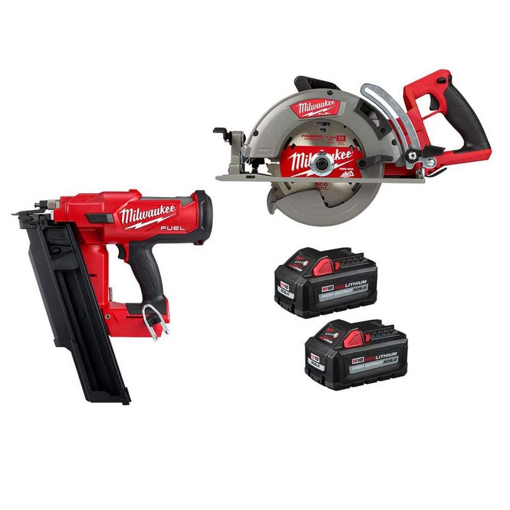 Milwaukee M18 FUEL 3-1/2 in. 18-Volt 21-Degree Lithium-Ion Brushless Cordless Nailer w/7-1/4 in. Rear Circ, Two 6Ah HO Batteries -  2744-20-2830-20