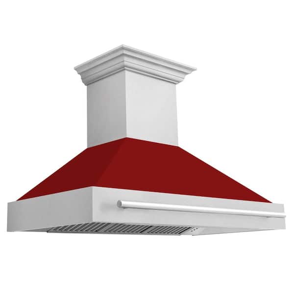 ZLINE Kitchen and Bath 48 in. Satin Stainless Steel Wall Mount Range Hood with Red Gloss Shell and Stainless Steel Handle