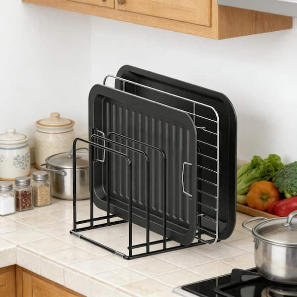 7.7 in. Steel Kitchen Cabinet Organizer with 5 Slots for Skillets Baking Tray and Chopping Board Rack, Black (1-Pack)