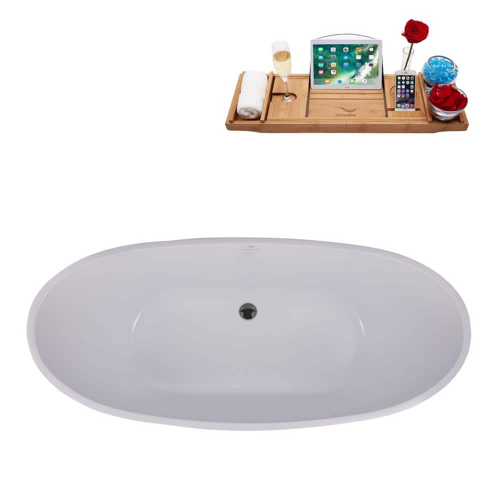 62'' Matte Black Freestanding Acrylic Soaking Bathtub with Tray