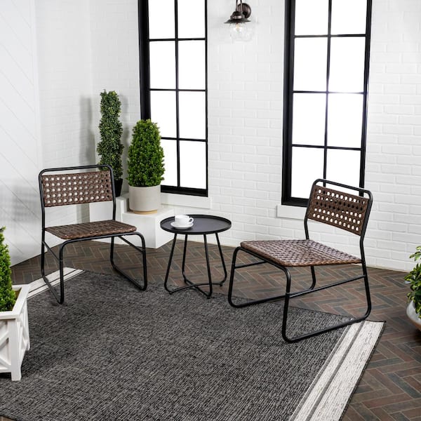 Freja 3-Piece Mid-Century Modern Faux Rattan Metal Patio Conversation Outdoor Patio Set, Black/Brown