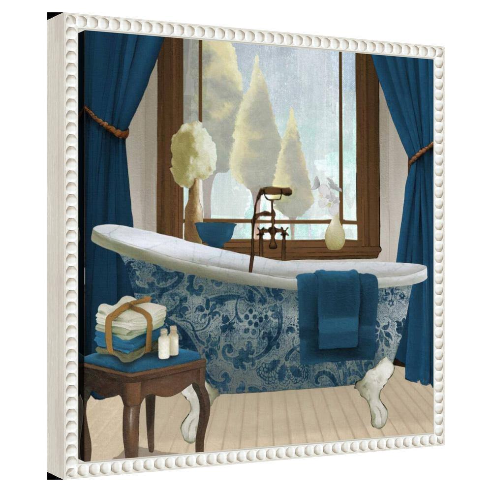 Blue and White French Provincial Canvas Bath Print with Beaded Frame
