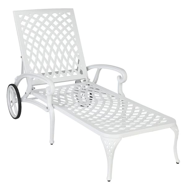 White Cast Aluminum Metal Outdoor Chaise Lounge with Wheels and 3-Position Adjustable Backrest for Patio, Pool