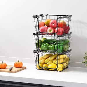 Stackable Metal Wire Storage Basket Set for Pantry, Countertop, Kitchen or Bathroom - Black (Set of 3)