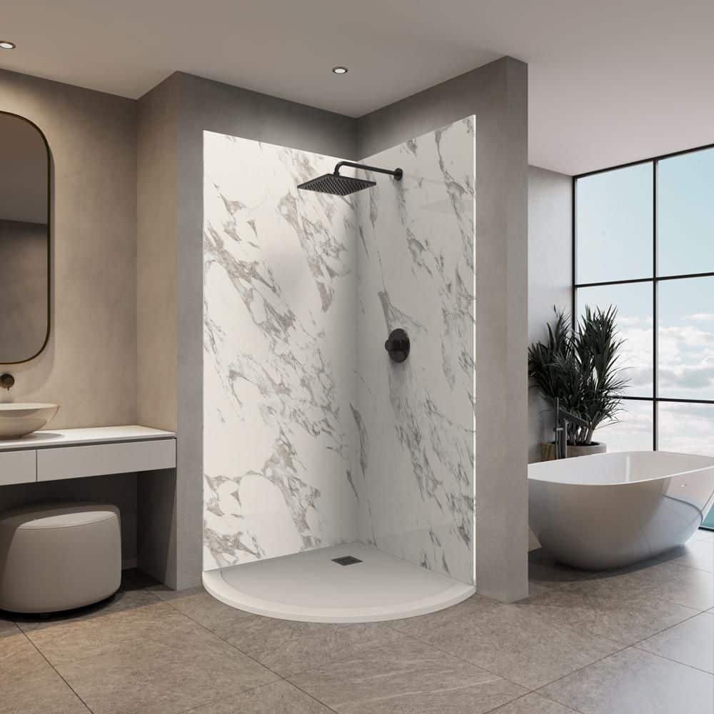 Corner Round 37 in x 37 in x 84 in. Solid Composite Stone Shower Kit Carrara Shower Walls and White Sand Shower Pan Base price history on PriceWatchPro