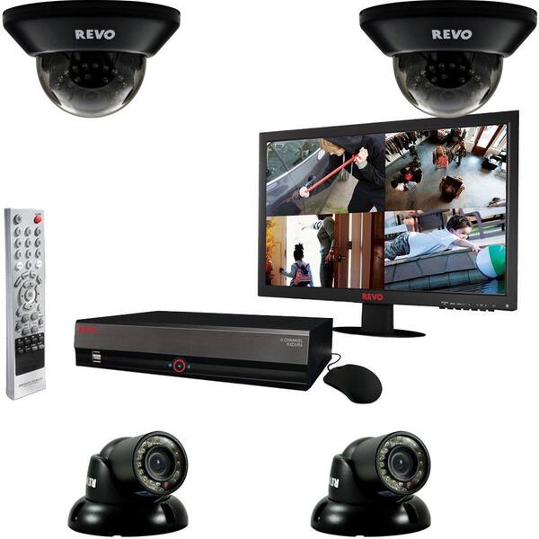 Revo 4-Channel 1TB DVR Surveillance System with (4) 700TVL 100 ft. Night Vision Cameras and 18.5 in. Monitor