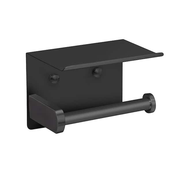 Wall-Mount Double Post Toilet Paper Holder with Phone Shelf Holders Tissue Roll Holder Hangers Stand In Matte Black