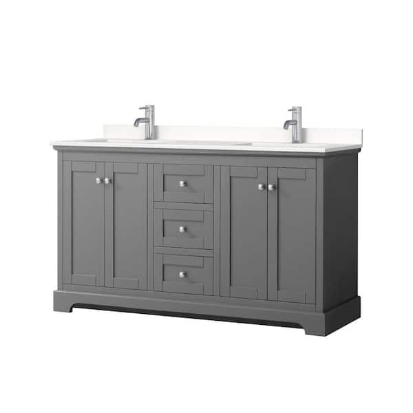 Wyndham Collection Avery 60 in. W x 22 in. D x 35 in. H Double Bath Vanity in Dark Gray with White Quartz Top