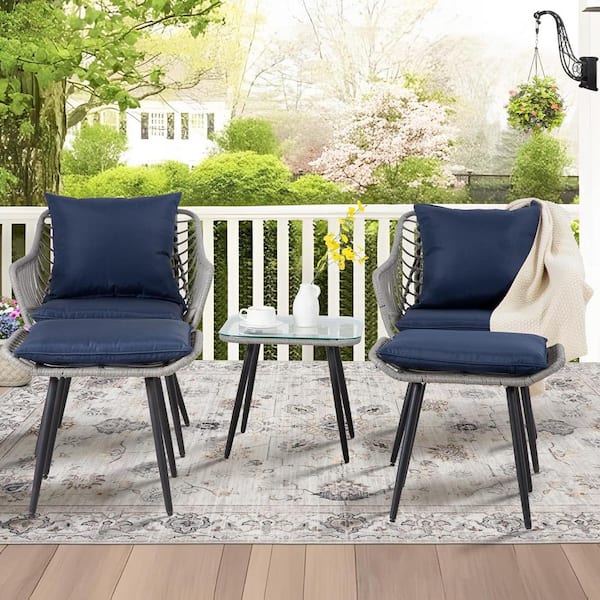 Unbranded 5-Piece Wicker Patio Furniture Conversation Set, Outdoor Bistro Set with Transparent Glass Table and Blue Cushion
