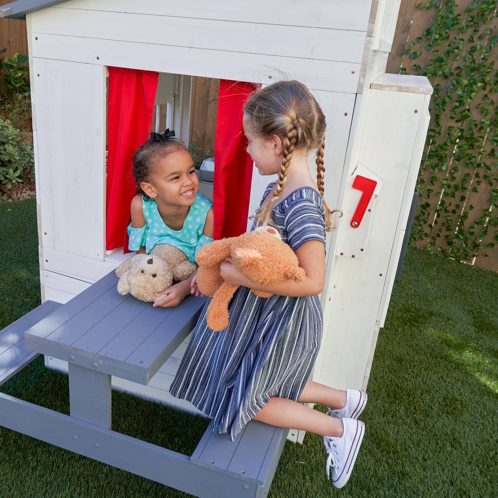 KidKraft White Wooden Outdoor Playhouse with Picnic Table and Grill
