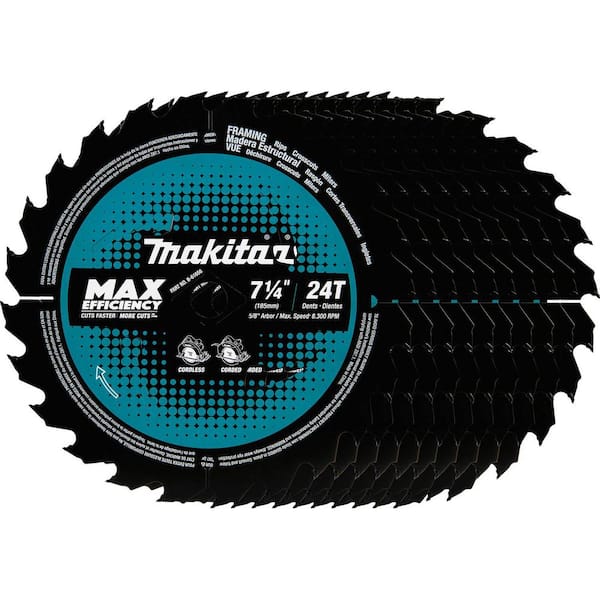 Makita 7-1/4 in. 24T Carbide-Tipped Max Efficiency Ultra-Thin Kerf Circular  Saw Blade, Framing (10-Pack) B-61656-10 - The Home Depot