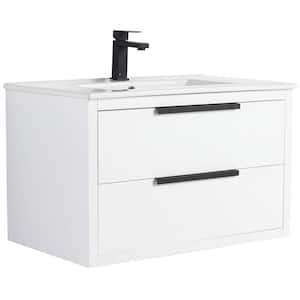 Kingsford 30 in. Single Wall Mounted White Bath Vanity with Drawers with White Ceramic Sink Top