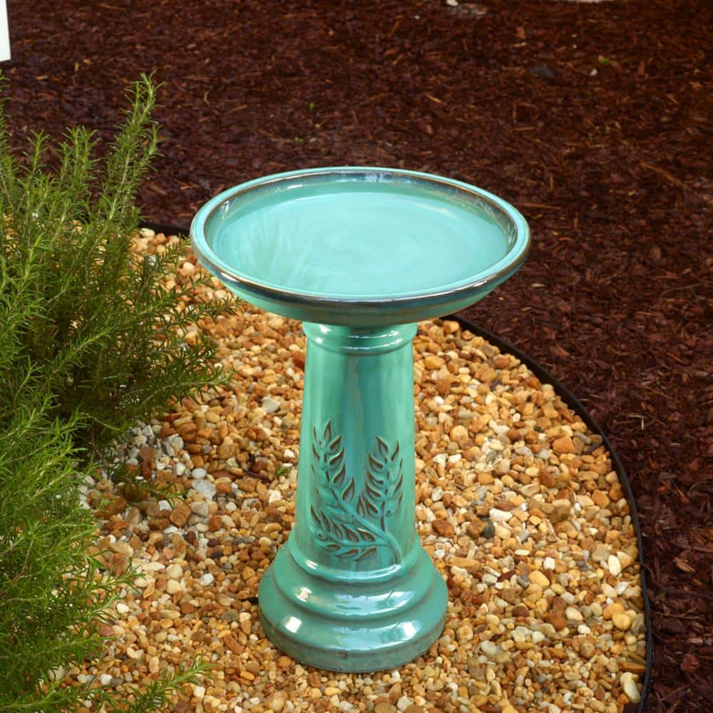 Minty Teal Ceramic Traditional Birdbath with Leaf Motif