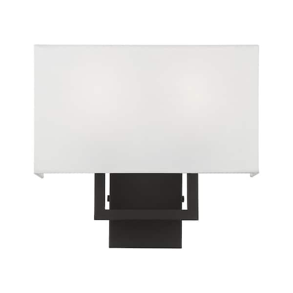 AVIANCE LIGHTING Prithchard 13 in. 2-Light Black ADA Sconce with Off-White Fabric Shade