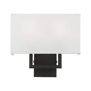 Pierson 13 in. 2-Light Black ADA Sconce with Off-White Fabric Shade