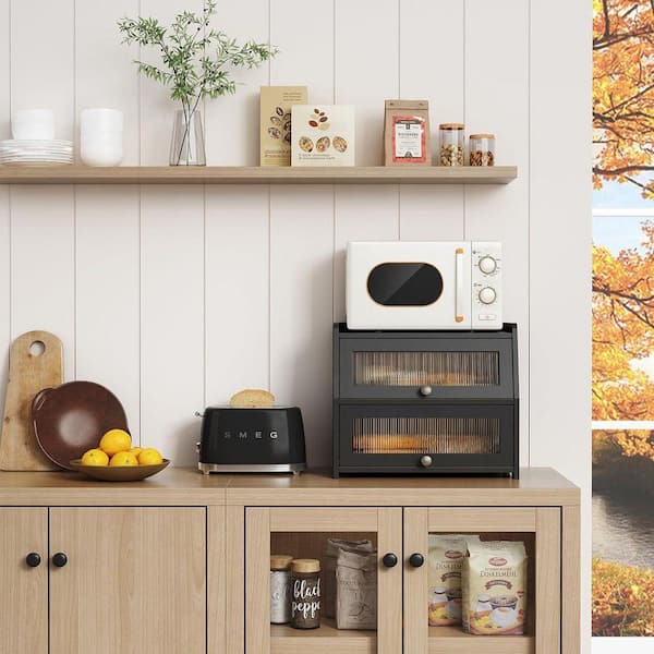 Double Layer Large Bread Storage Container Black Farmhouse Organizer with Frosted Window for Kitchen Countertop