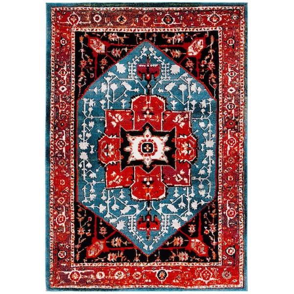 Vintage Hamadan 5 ft. x 8 ft. Red/Blue Medallion Ornate Area Rug