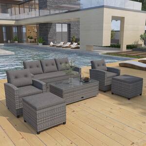 6-piece Wicker Patio Conversation Set All-Weather PE rattan Outdoor Sectional Set with Gray Cushions