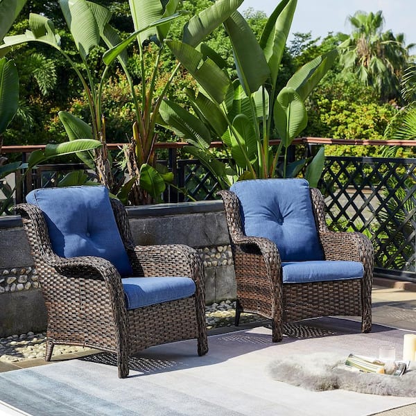 Gymojoy Carolina Brown Wicker Outdoor Lounge Chair with Blue Cushion (2-Pack)