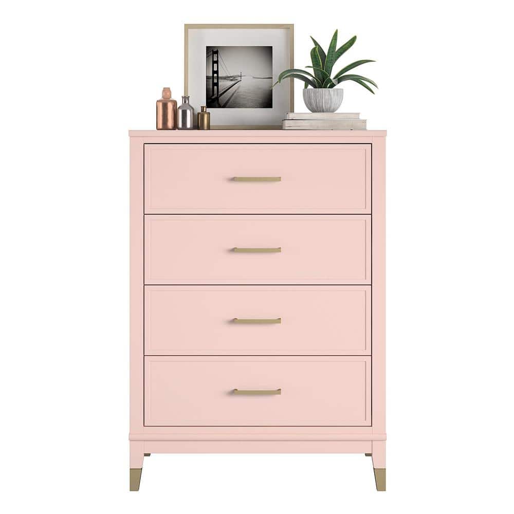 Pale Pink Vertical 4-Drawer Dresser with Gold Accents