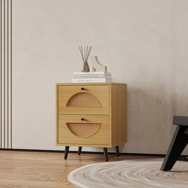 mieres Grondin Boho Style 2-Drawer Natural Nightstand with Woven Rattan Drawer Front 20.87 in. H x 15.75 in. W x 15.75 in. D