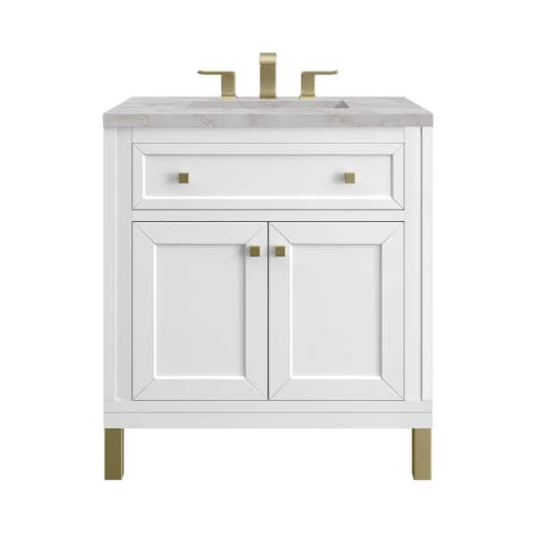 James Martin Vanities Chicago 30.0 in. W x 23.5 in. D x 34.0 in. H Single Bathroom Vanity Glossy White and Victorian Silver Quartz Top